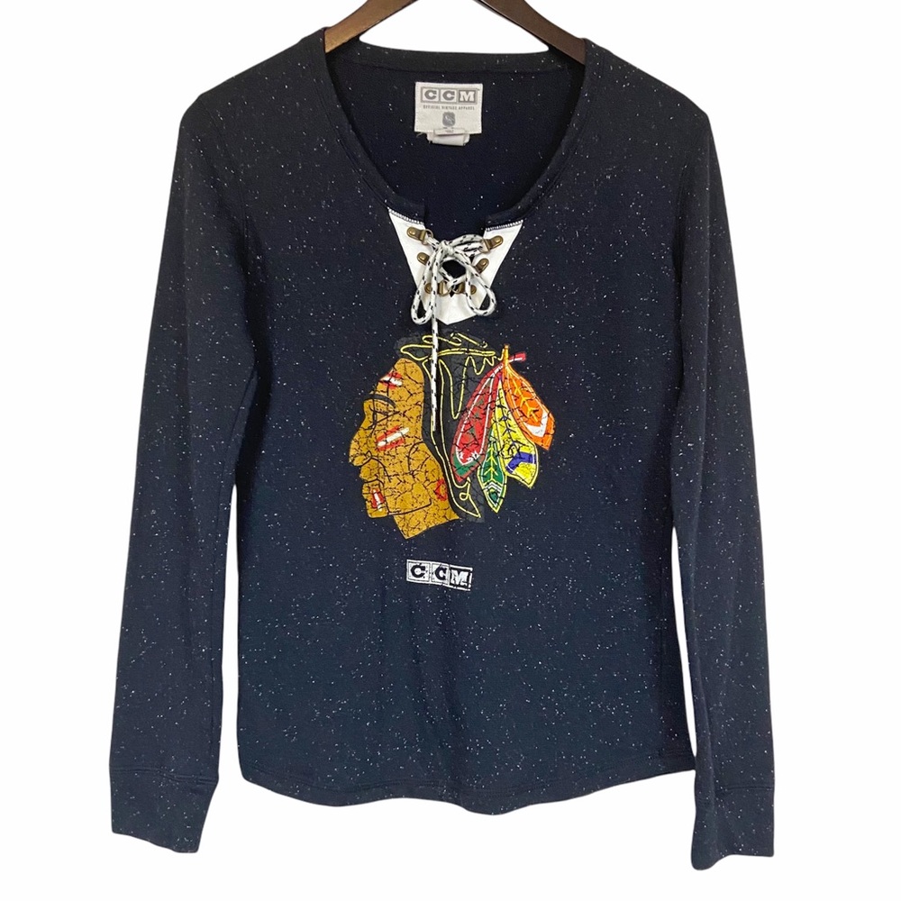 Chicago Blackhawks vintage style ladies pullover black long sleeve lace neck CCM